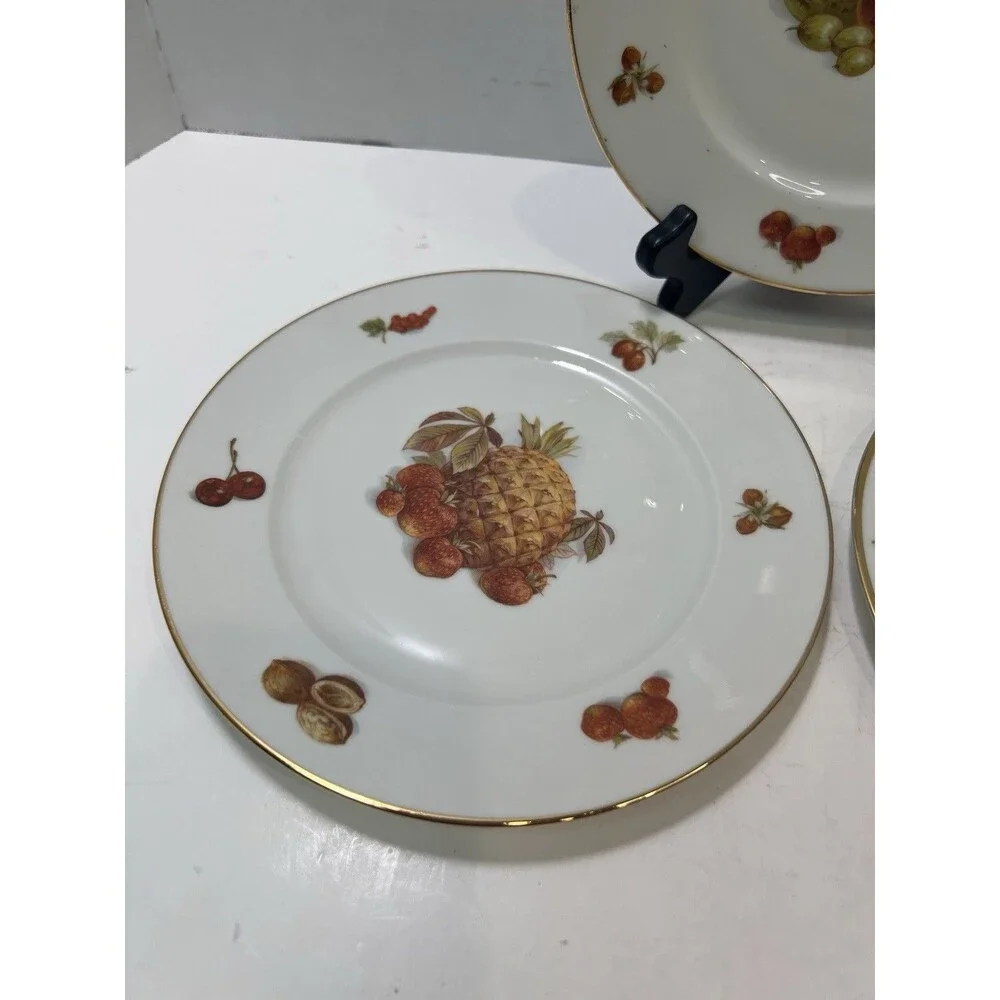 Vintage JKW Bavaria Germany Porcelain Set of 3 Fruit Design Plates Gold Rim